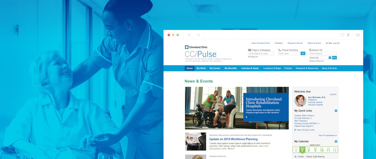 a nurse with a patience on a wheelchair in the background and the Cleveland Clinic site at the front