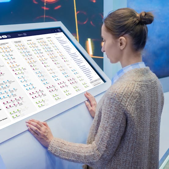 Woman looking at a big Chardan Capital screen