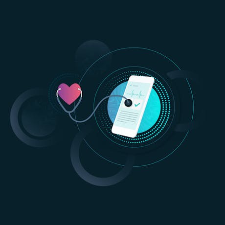 Illustration of a mobile phone connecting with a stethoscope and heart to depict digital patient engagement