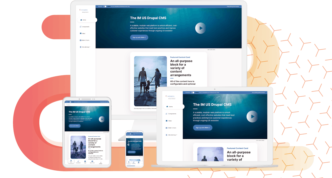 Novartis design system screens on iPhone, iPad, Laptop, and Desktop