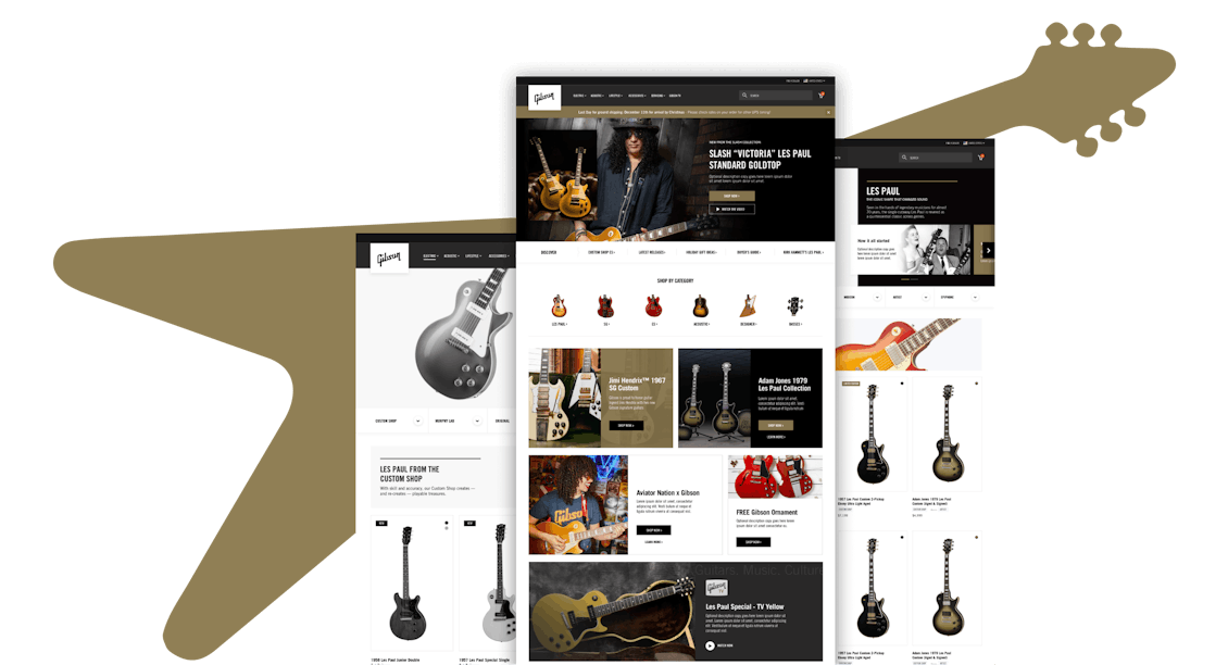 Three different pages of Gibson.com