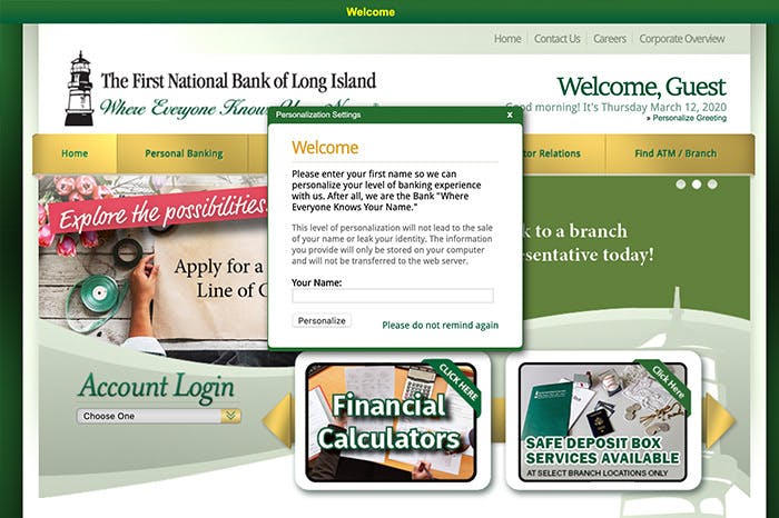 a screenshot of the national bank of Long Island with a welcome message asking for the guest name so they can personalize the experience 