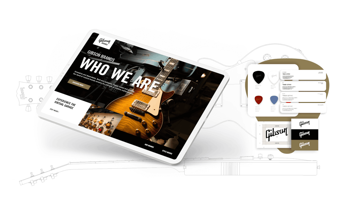Screen of Gibson Brand Book with Gibson guitar pick