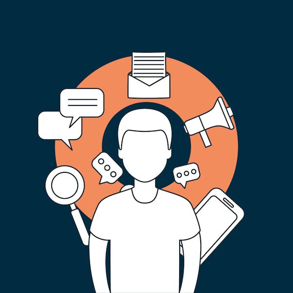 Human-centered marketing illustration of a man with media and devices surrounding him.