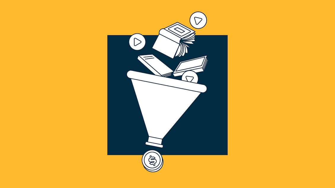 Illustration of books and videos entering a funnel with a money coin coming out.