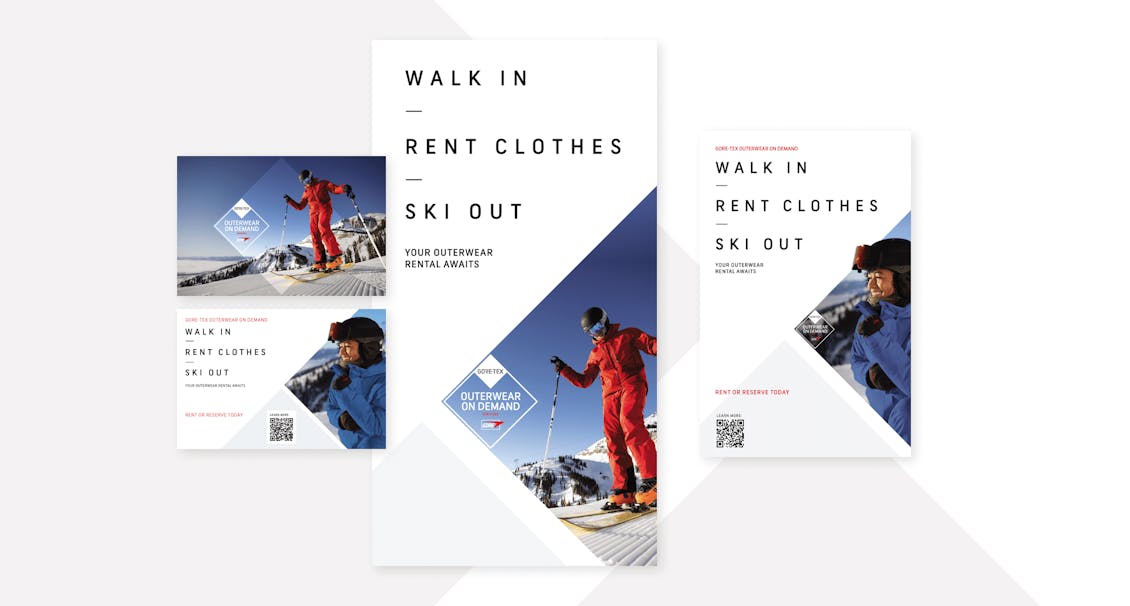Three images next to each other advertising ski clothes on rent