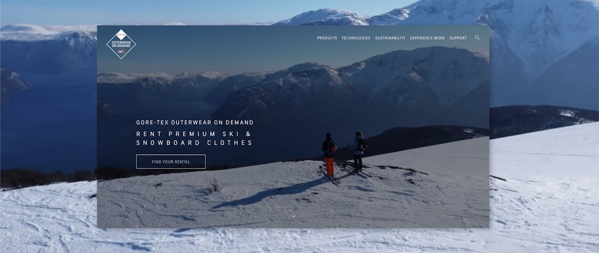 Screenshot of Gore website with a background image of two people skiing
