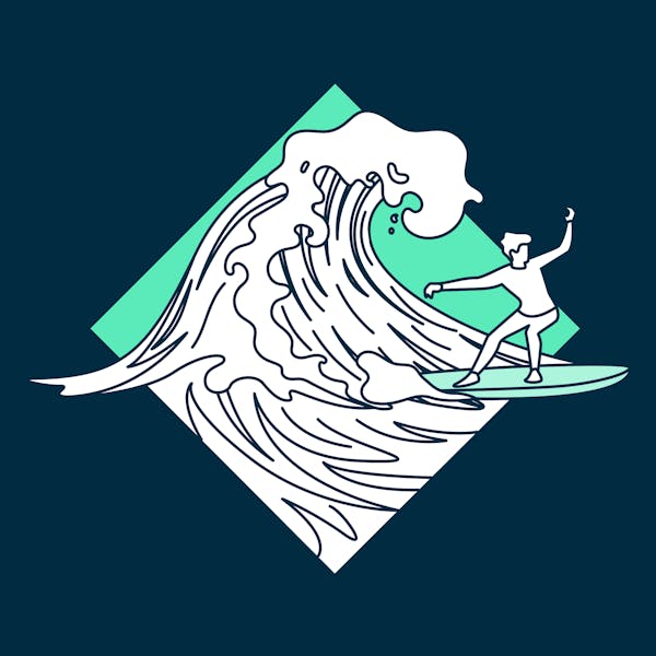 Illustration of surfer on a large wave to indicate the pace of AI advancement