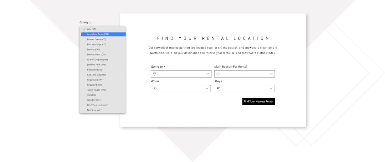 Dropdown menu of a form to find your rental location on Gore-tex page