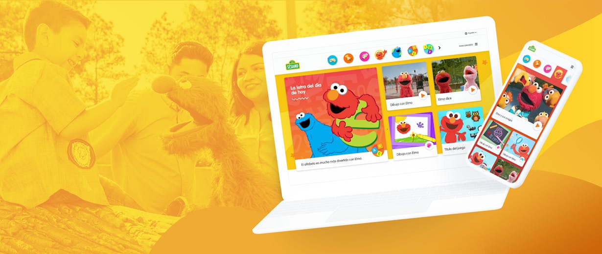 a yellow background with kids palying and the Sesame site on a computer and a phone at the front