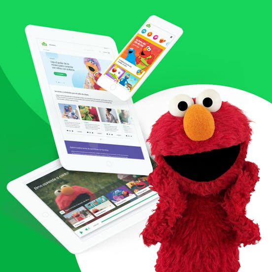 Surprised Elmo on the front and a series of devices on the back.