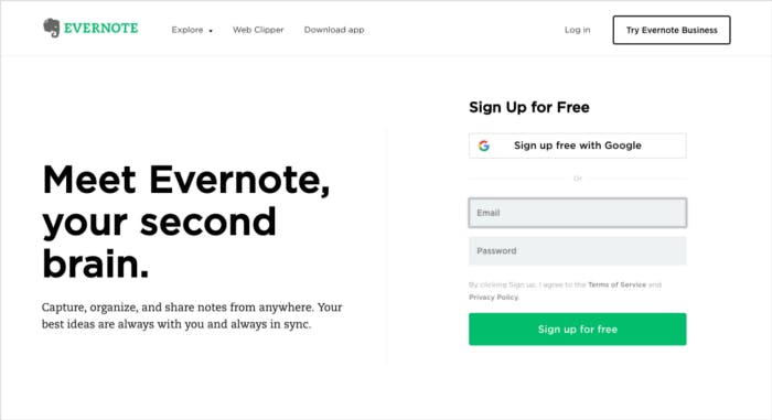 Evernote sign up page