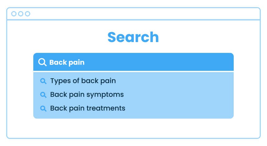 Sample drop-down menu of search results for "back pain"