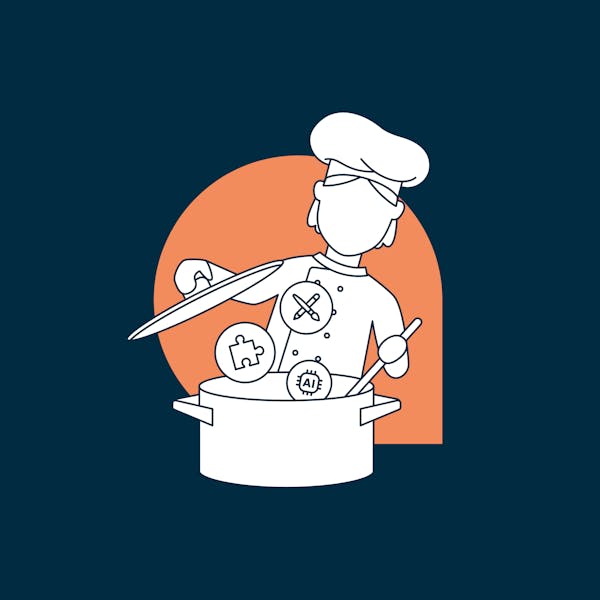 A chef mixing a pot of icons to illustrate AI tools