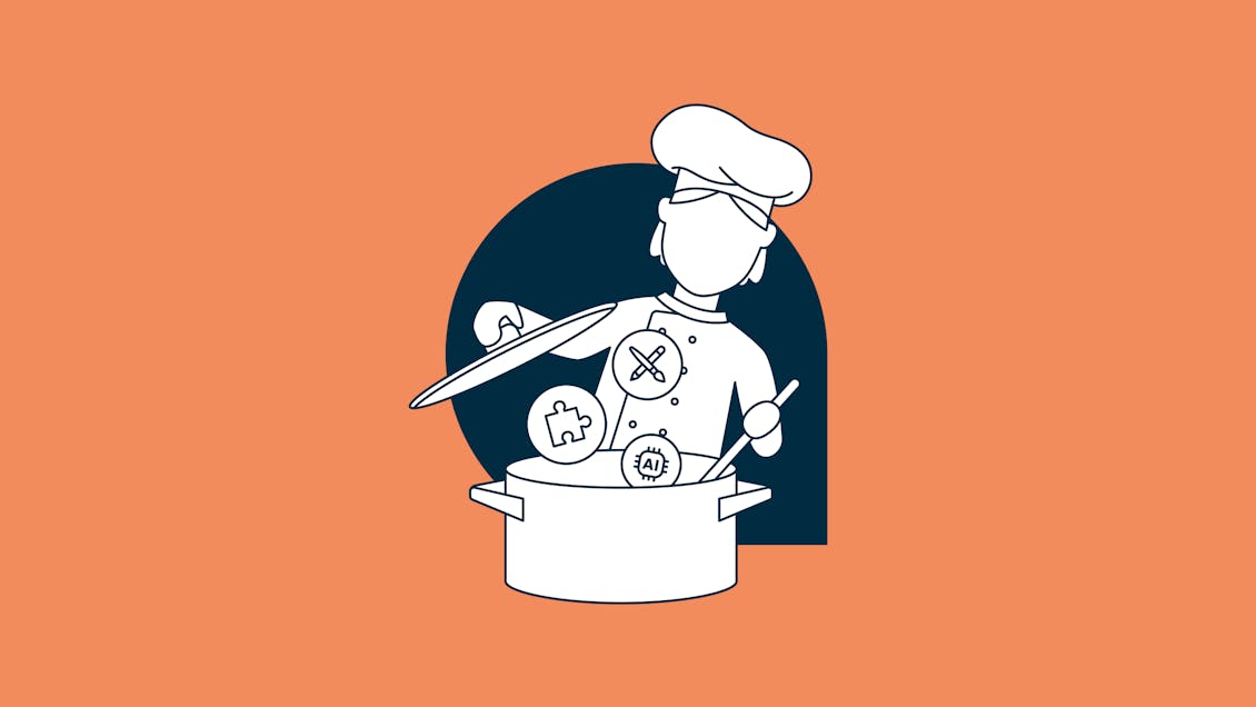 A chef mixing a pot of icons to illustrate AI tools