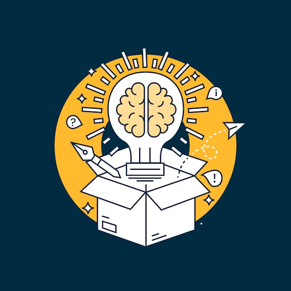 Illustration of a lightbulb popping out of a box with a brain inside