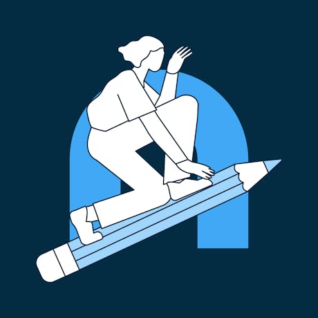 A woman flying on a giant pencil to represent a UX design professional