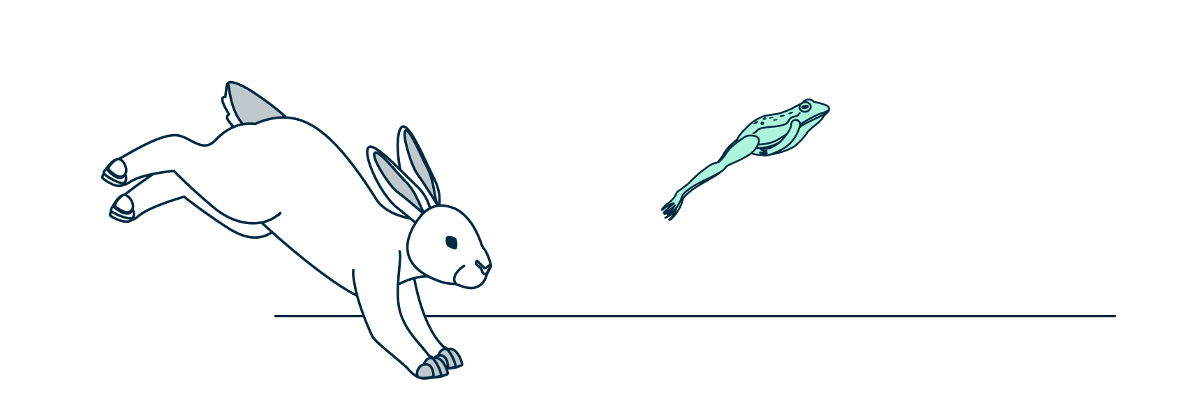 A frog leaps ahead of a rabbit