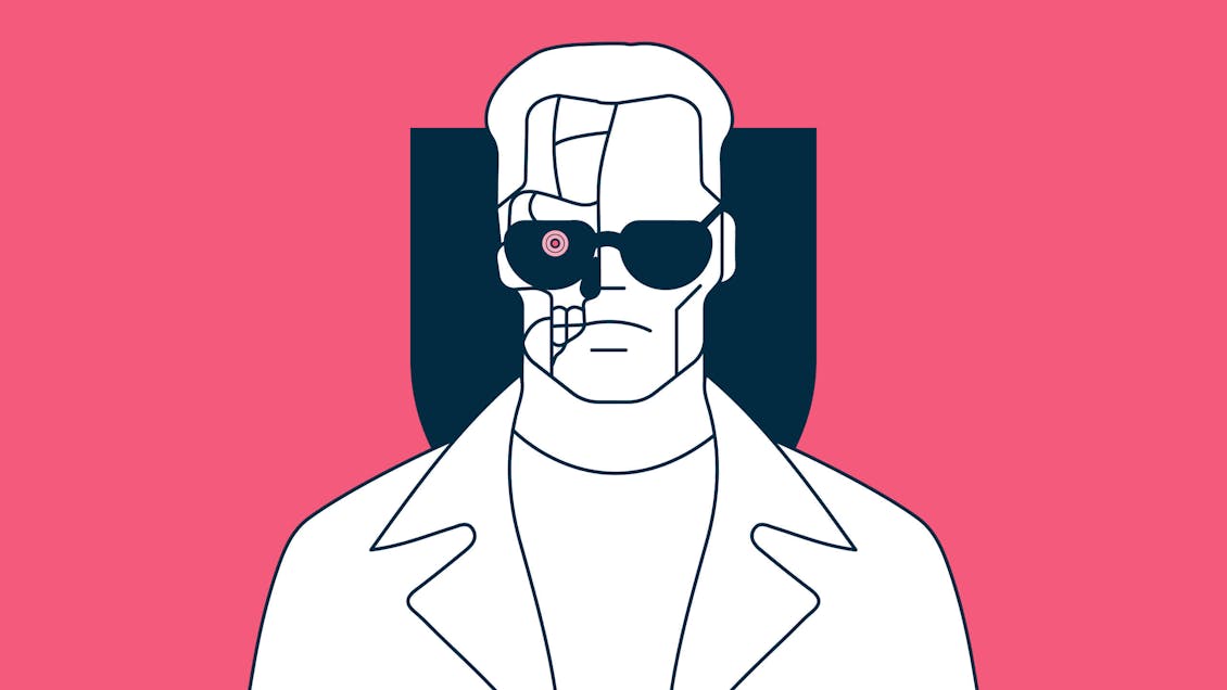 Illustration of a Terminator-style man with a robotic face and sunglasses