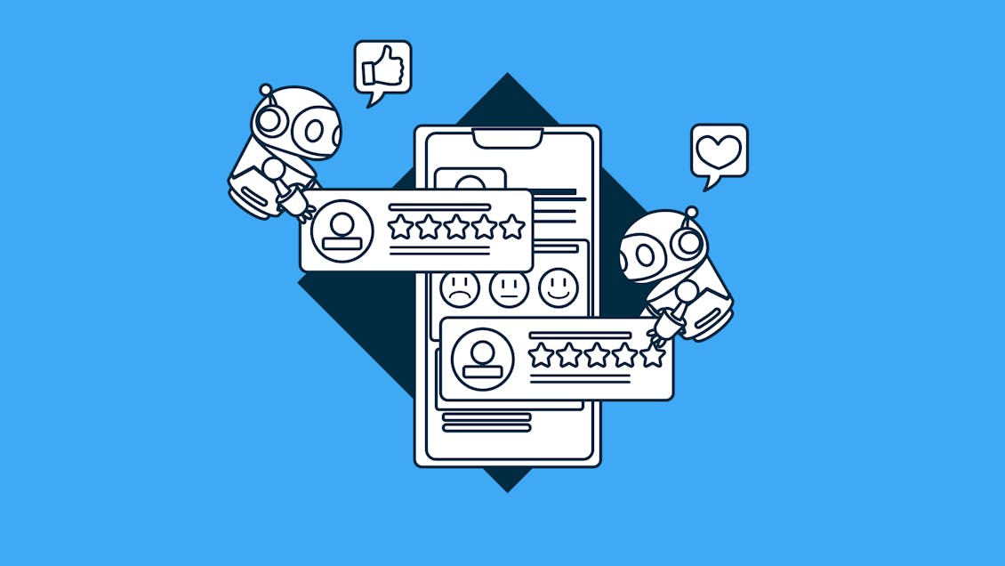 Illustration of cute robots holding web screens with user satisfaction emojis