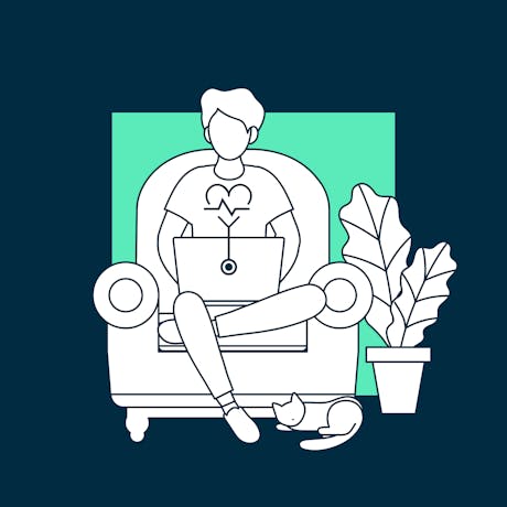 Illustration of a health patient at home in a chair with a laptop