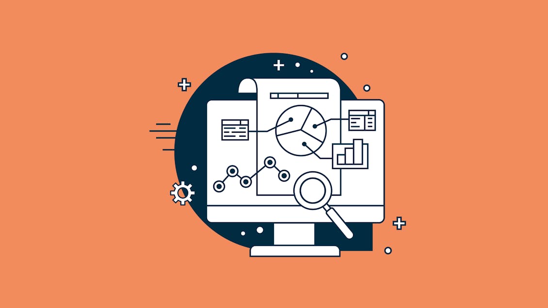 Illustration of a desktop computer with analytics dashboard and magnifying glass