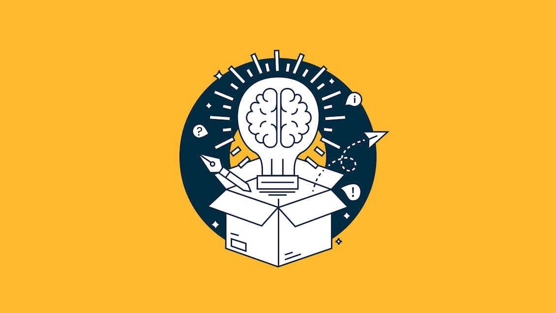 Illustration of a lightbulb popping out of a box with a brain inside 