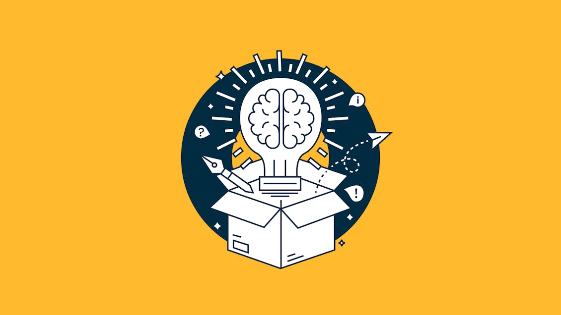 Illustration of a lightbulb popping out of a box with a brain inside