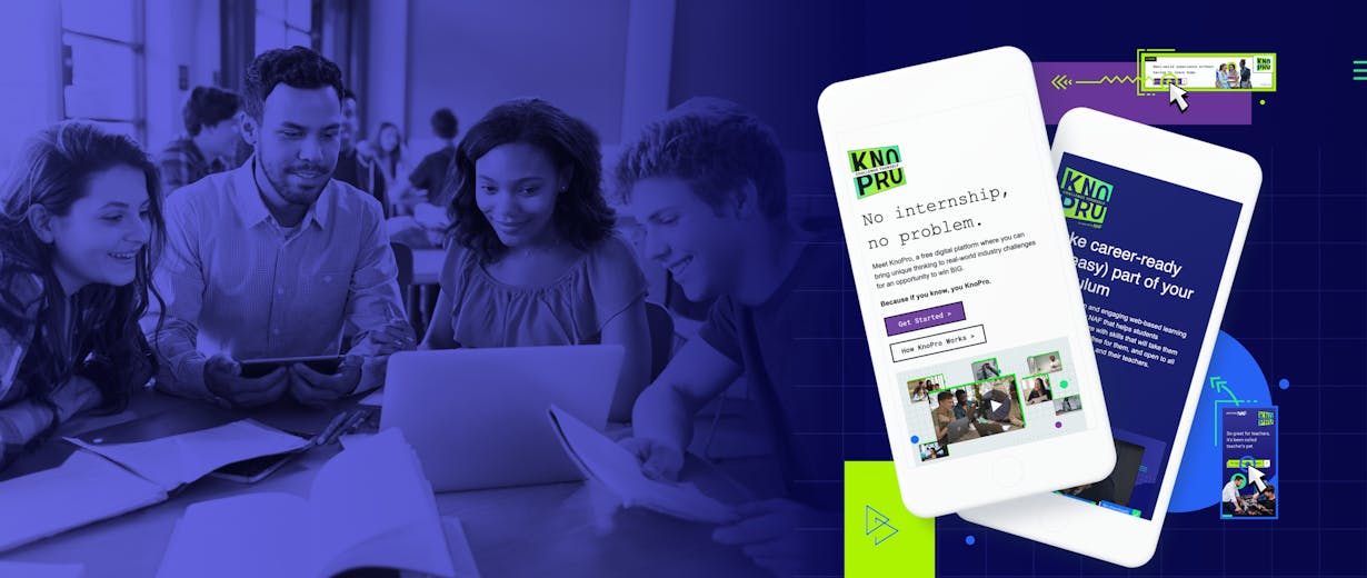 Background: Students working together with a laptop, foreground: KnoPro screenshots on mobile phones