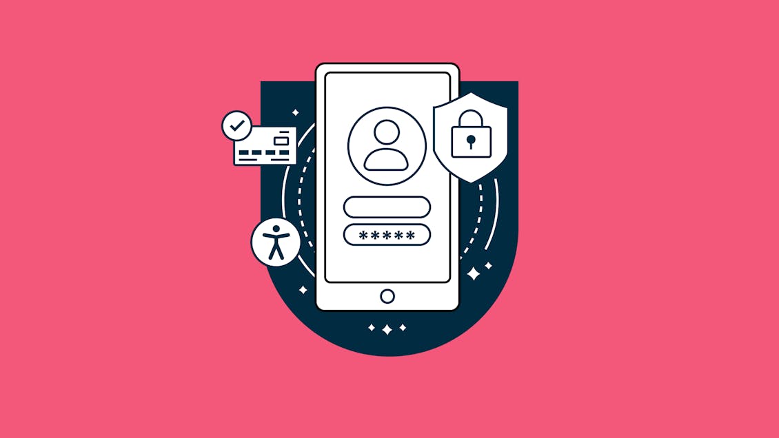 Illustration of a phone screen showing icons for accessibility, security, and compliance