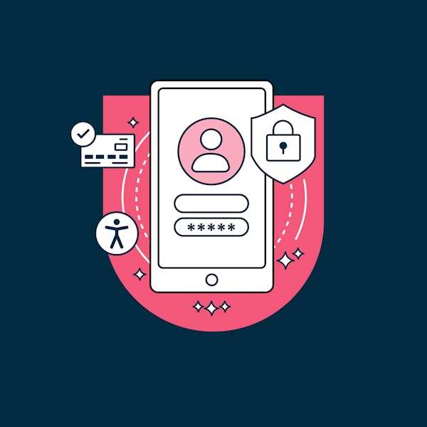Illustration of a phone screen showing icons for accessibility, security, and compliance