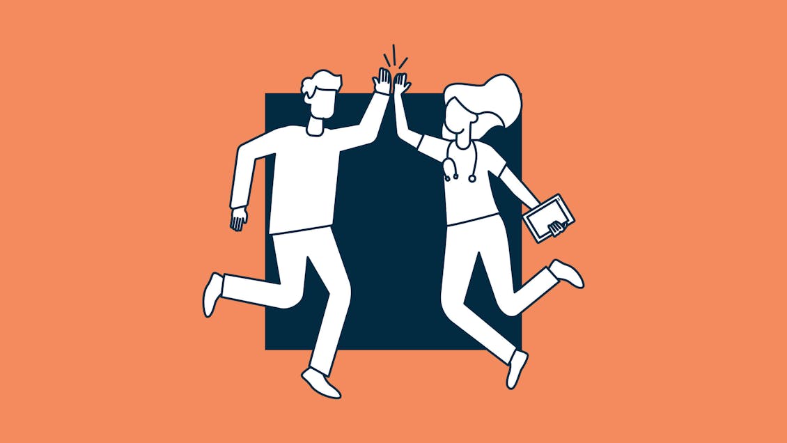Illustration of a female doctor with a tablet hi-fiving a male patient
