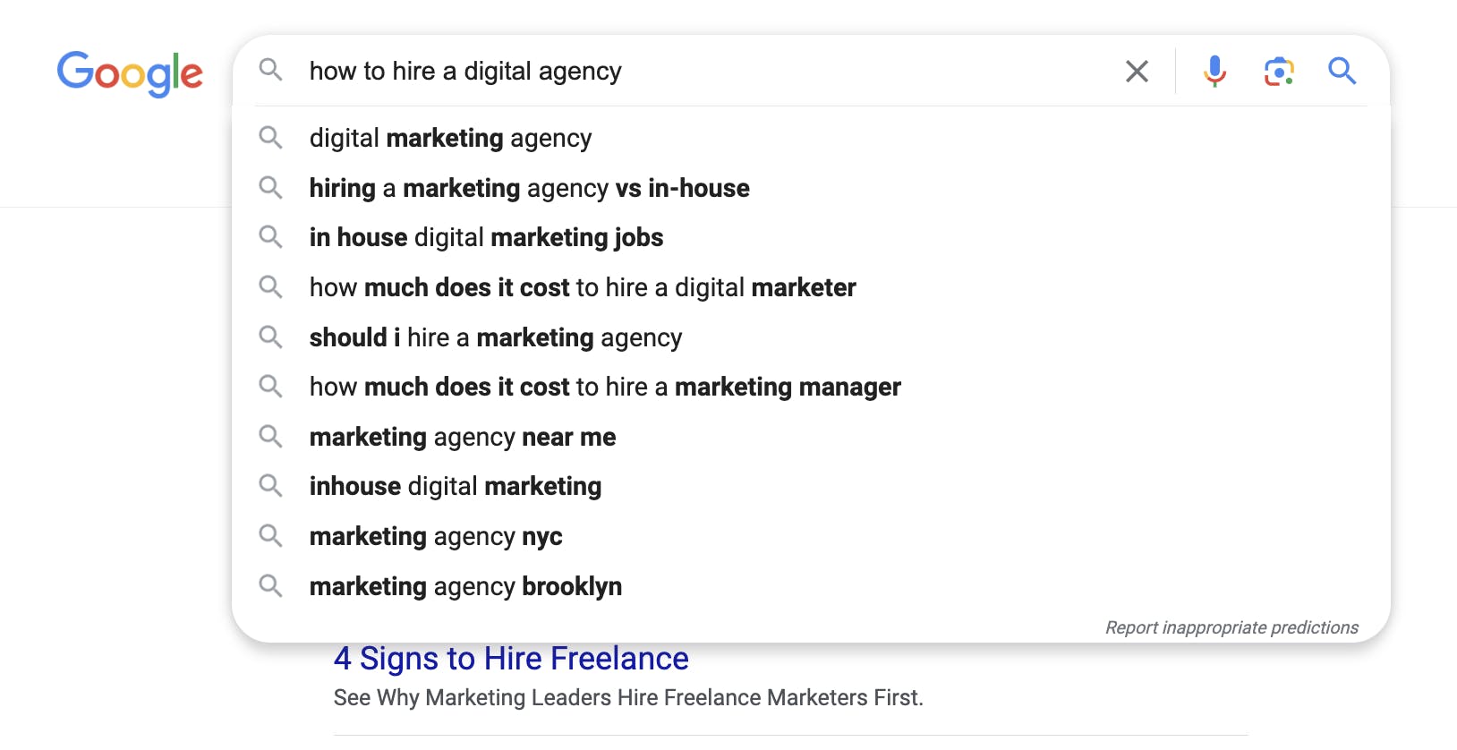 Google's suggested queries for a search about "how to hire a digital agency"