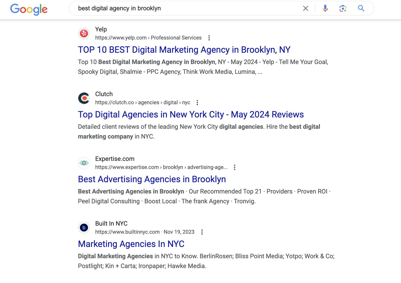Google search results for "best digital marketing agency in Brooklyn"
