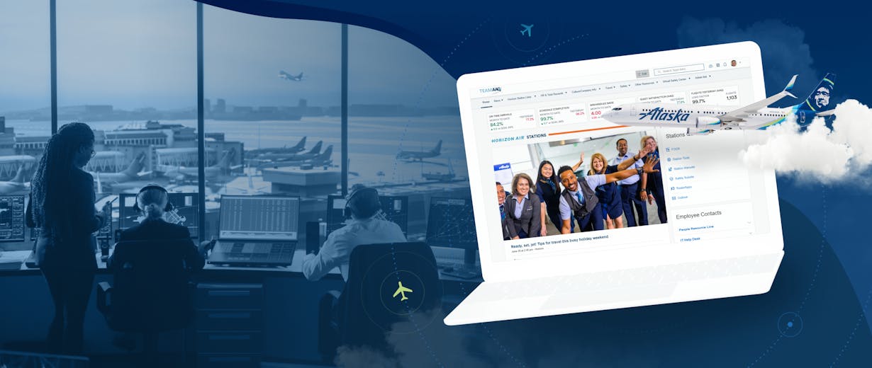Alaska Airlines intranet screen on a laptop with a plane