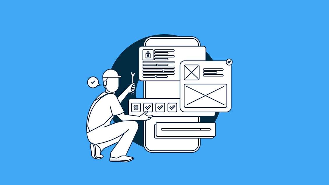 Illustration of a construction worker fixing a variety of web interfaces