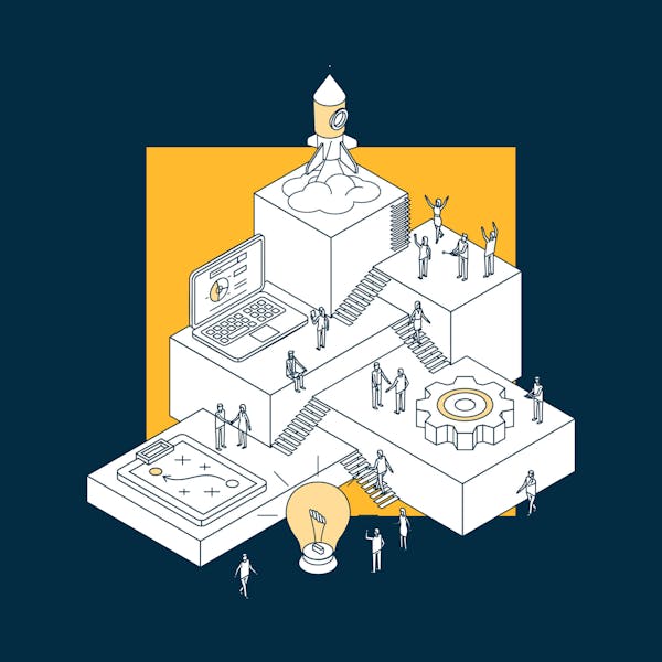 Illustration of various digital departments working together like a factory