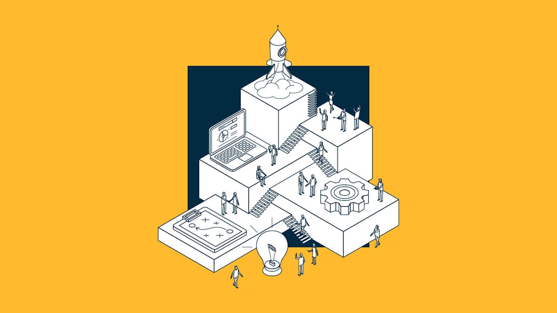 Illustration of various digital departments working together like a factory