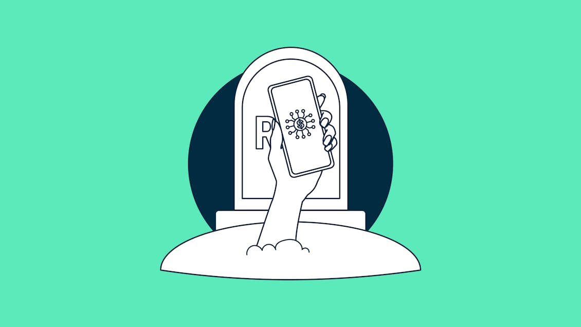 Hand reaching out from a grave holding a phone with fintech symbol