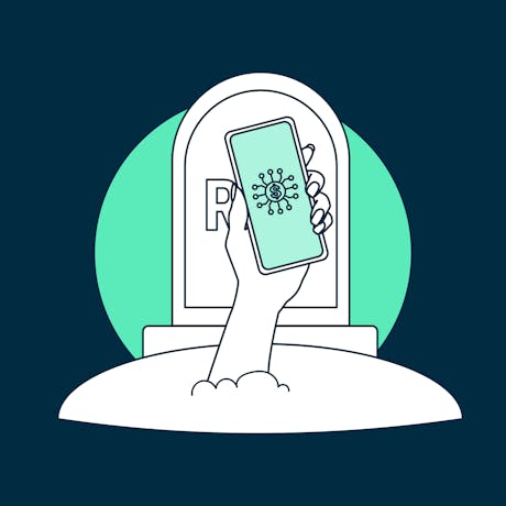 Hand reaching out from a grave holding a phone with fintech symbol