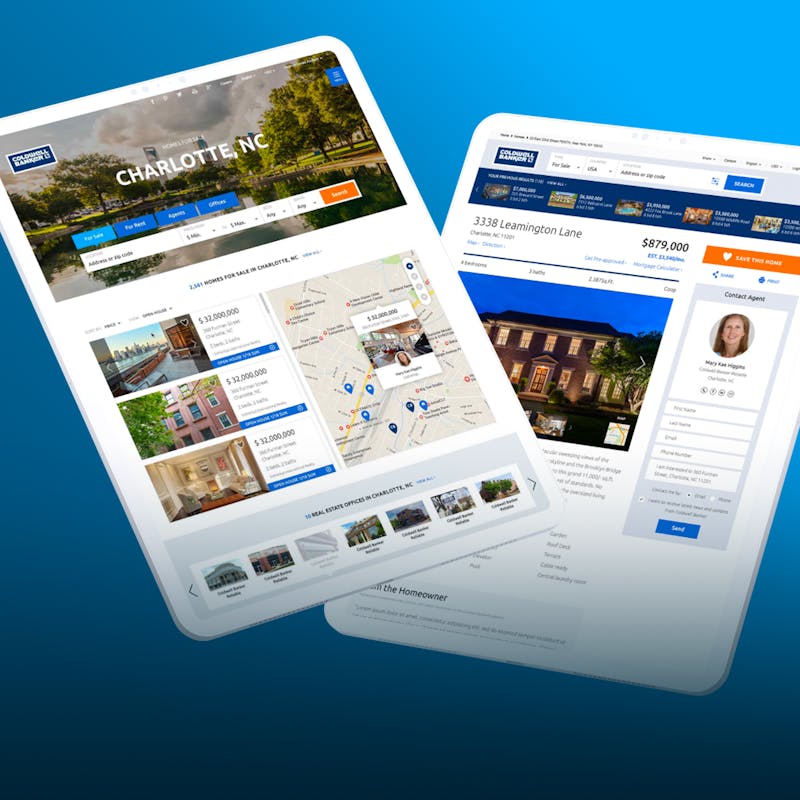 Coldwell Banker app screens on two tablets