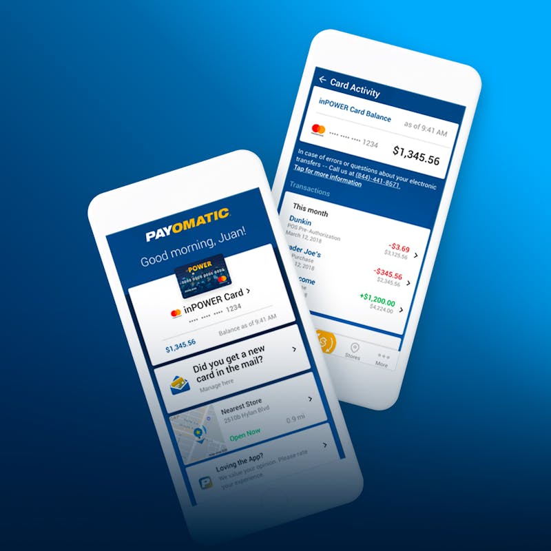 Payomatic screens on two phones