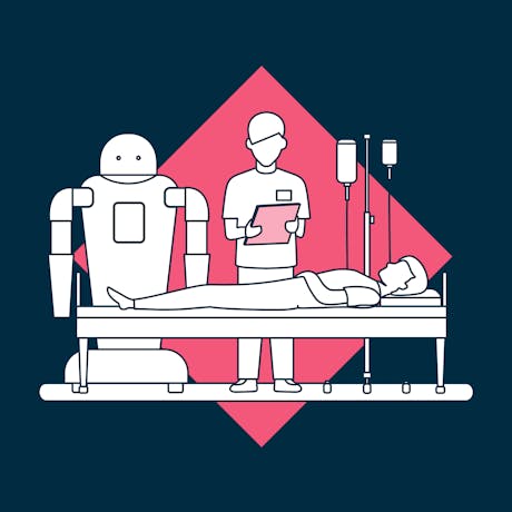 A patient lying on a bed, a doctor and a robot standing next to him