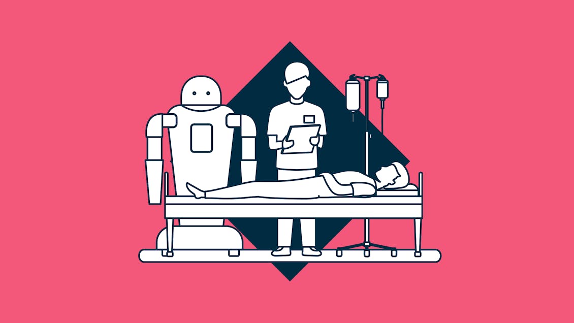 A patient lying on a bed, a doctor and a robot standing next to him