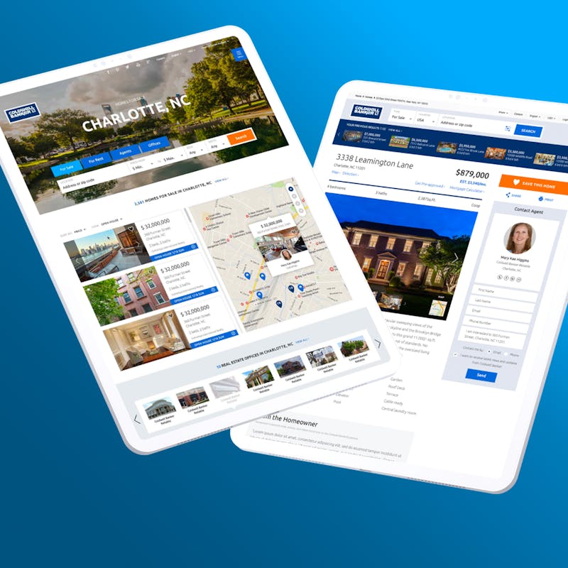 Coldwell Banker app screens on two tablets