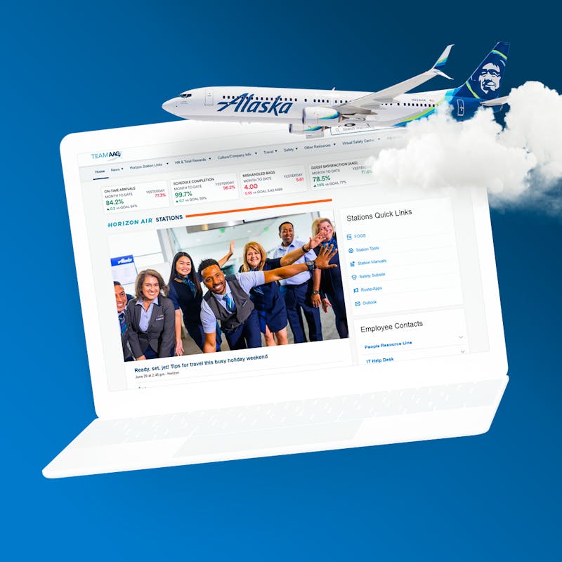 Alaska Airlines intranet screen on a laptop with a plane 