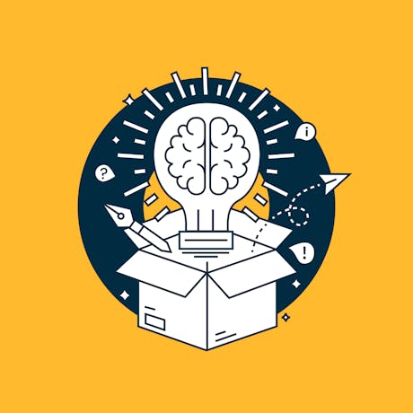 Illustration of a lightbulb popping out of a box with a brain inside 