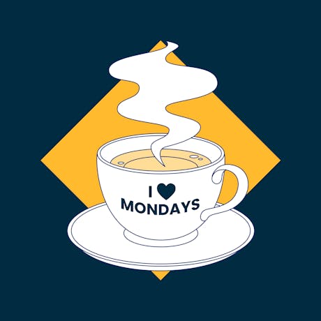 Illustration of a coffee cup saying I Love Mondays