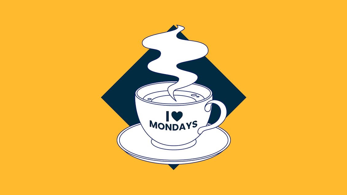 Illustration of a coffee cup saying I Love Mondays