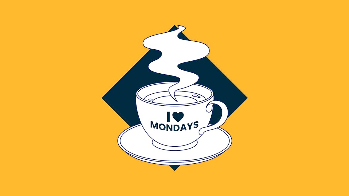 Illustration of a coffee cup saying I Love Mondays